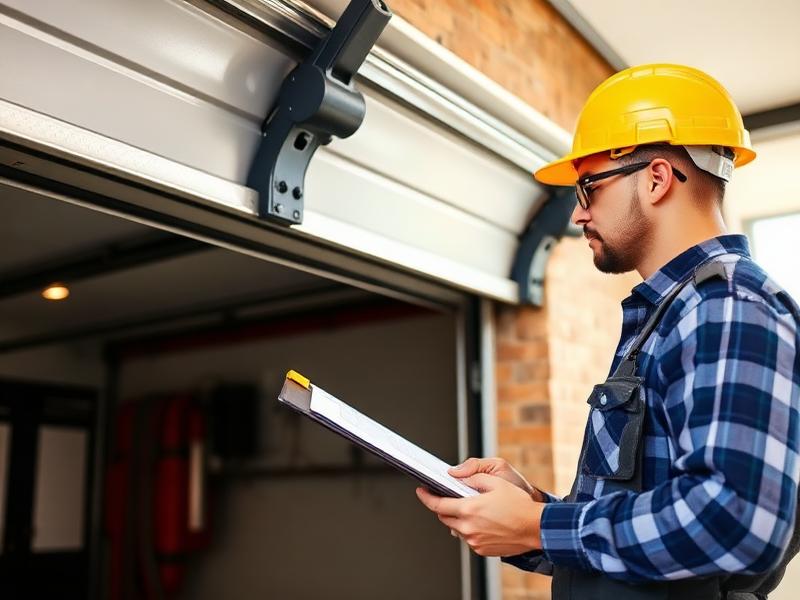 Homeowner performing routine maintenance check on white residential garage door panels