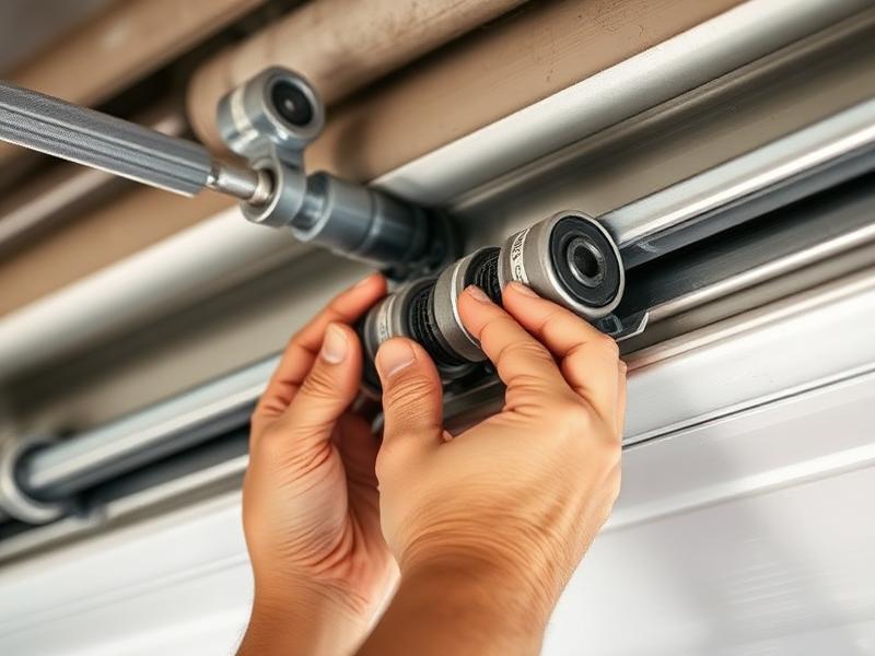 Technician installing a new garage door opener motor on residential garage ceiling