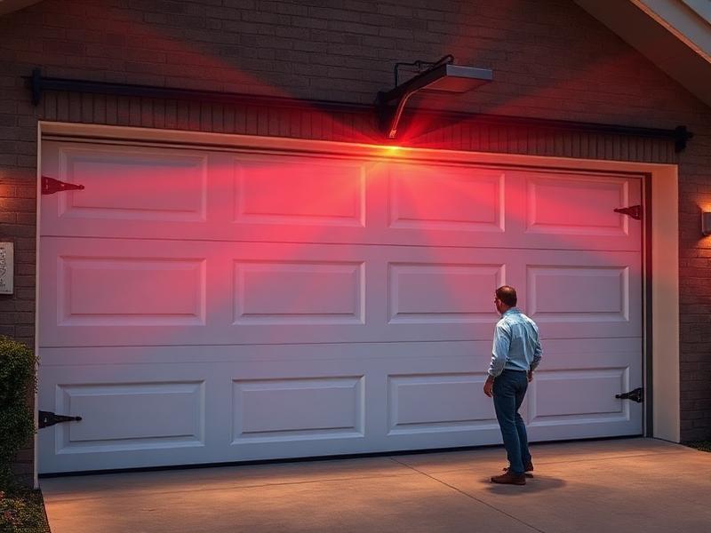 Close-up of garage door safety sensor mounted on door frame with LED indicator light